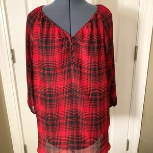 Chaps Red & Black Plaid Semi Sheer Blouse, Size M